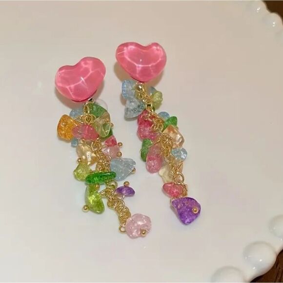 Pink Heart Shaped Tassel Earrings - Picture 2 of 4